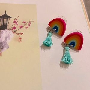 Handmade rainbow earrings with blue tassels